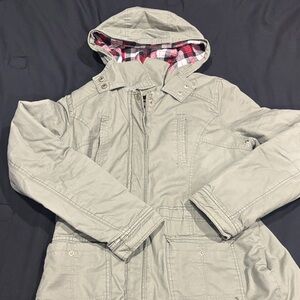 Gray Hooded Jacket with Plaid Lining